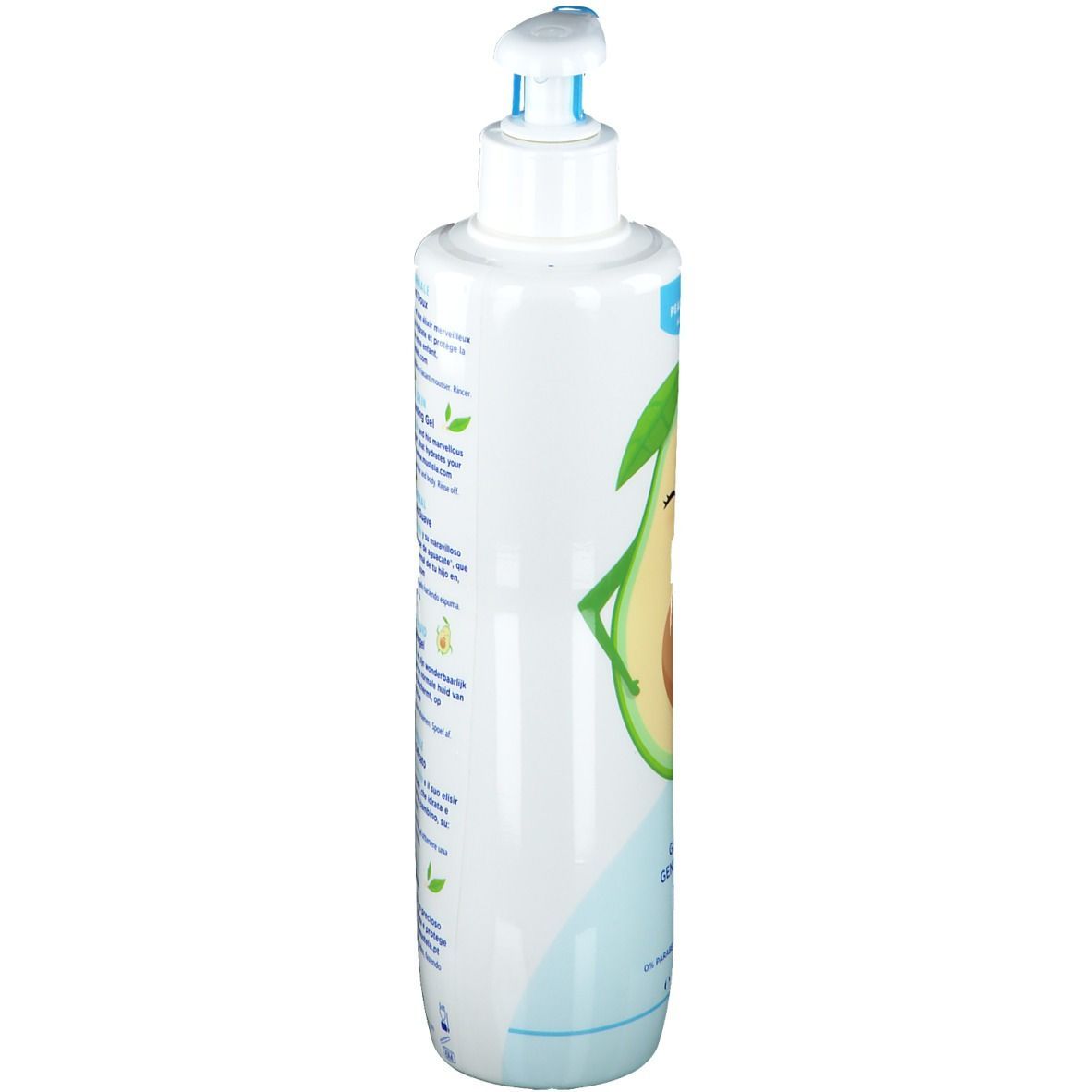 Flacone bianco con erogatore blu. Illustrazione di avocado. Testo: Mustela, Gel lavante delicato. Scritta: 500 ml.