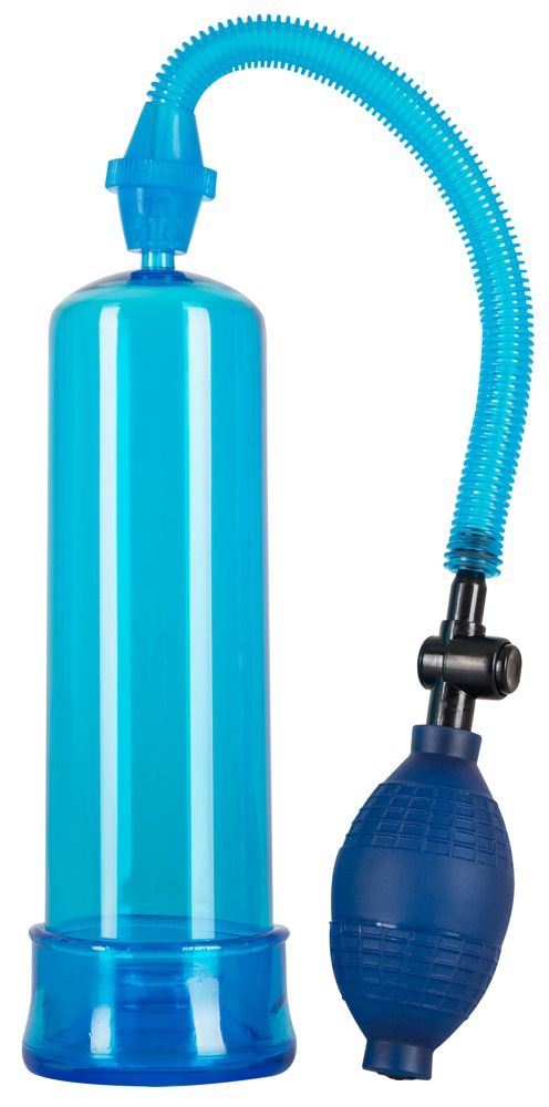 Zylindrische Pumpe mit blauem Pumpball und Schlauch. Transparenter Zylinder, blaue Basis und Spitze.