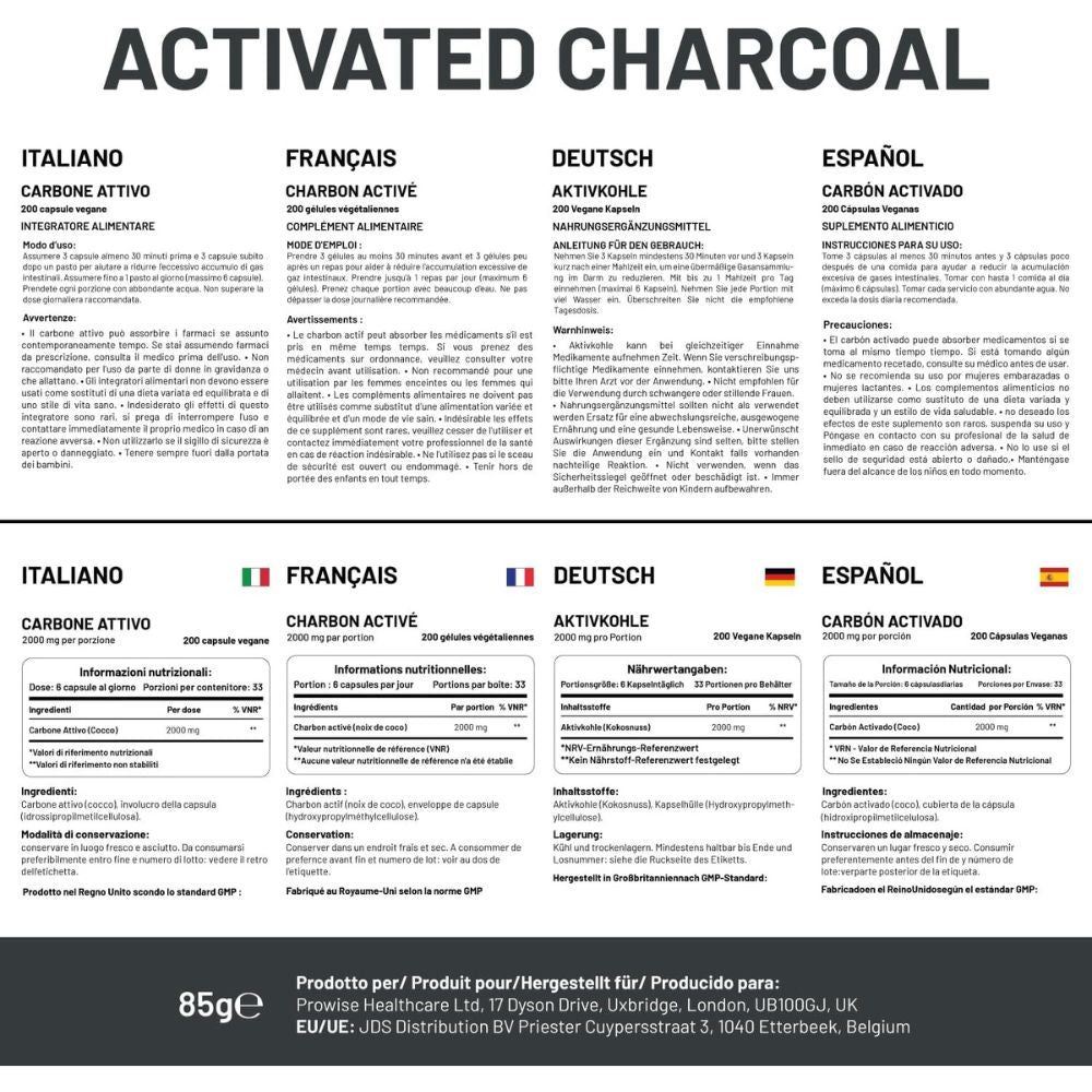 Tabelle mit Informationen zu Aktivkohle-Kapseln. Texte in Italienisch, Französisch, Deutsch und Spanisch. Produktname: Aktivkohle.