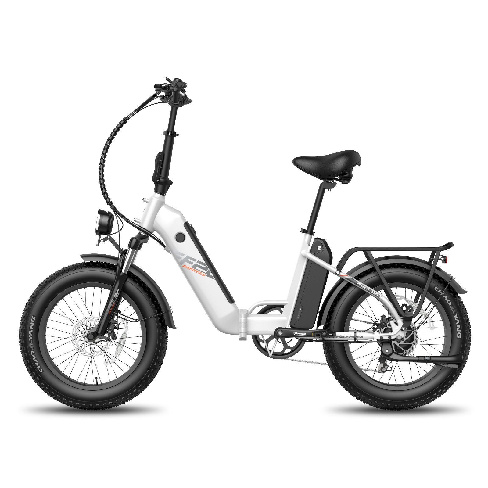 Weißes, faltbares E-Bike mit schwarzen Reifen und Gepäckträger. F20-Logo sichtbar. Schwarzer Sattel und Lenker.