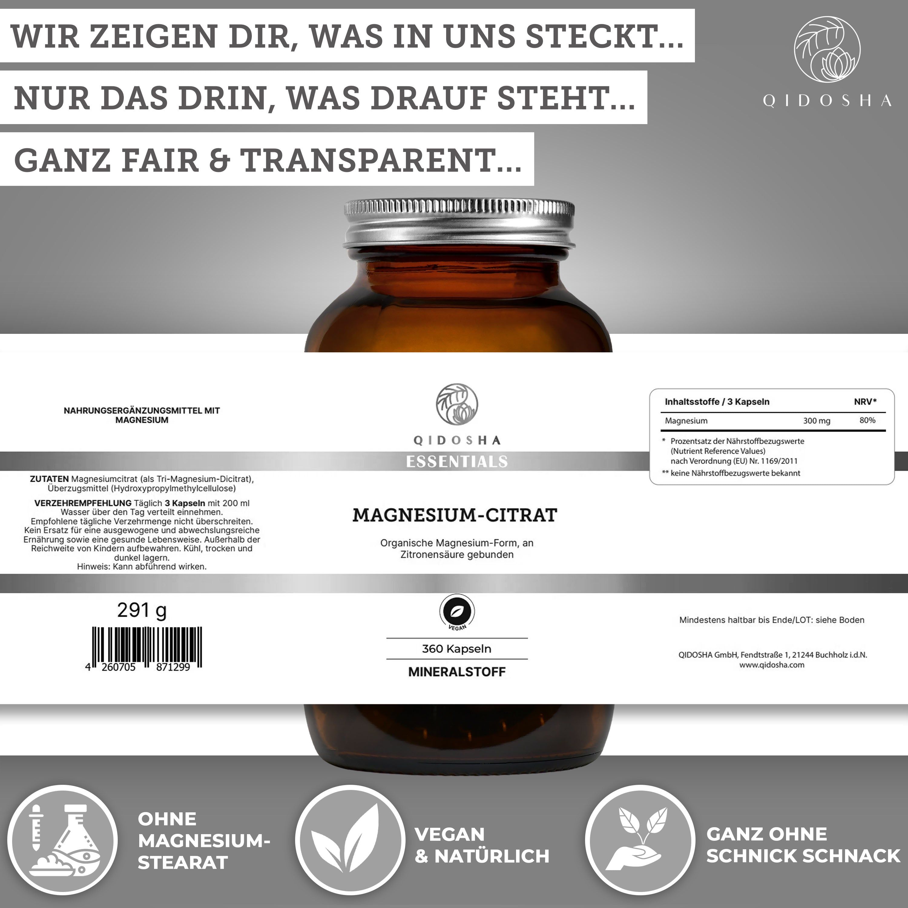 Braune Glasflasche mit Qidosha Magnesium-Citrat Kapseln, 360 Stück. Organische Magnesiumform.