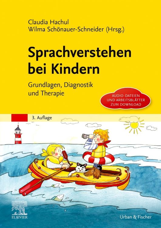 Buchcover mit Titel „Sprachverstehen bei Kindern“. Gelber Hintergrund, Illustration von Kindern im Boot. Verlag Urban & Fischer.
