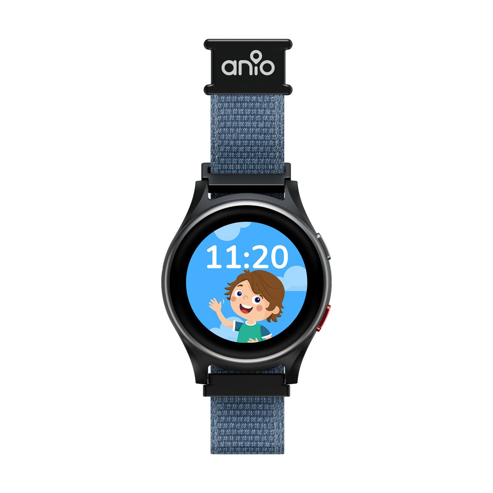 Smartwatch Anio 6 mit blauem Armband. Auf dem Display: Uhrzeit 11:20 und ein lächelnder Cartoon-Junge. Schwarzes Gehäuse.