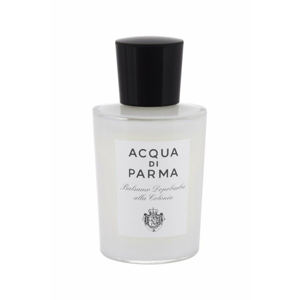 Acqua di Parma Aftershave Balsam. Flakon mit schwarzem Deckel. Weißes Etikett mit Logo und Text.