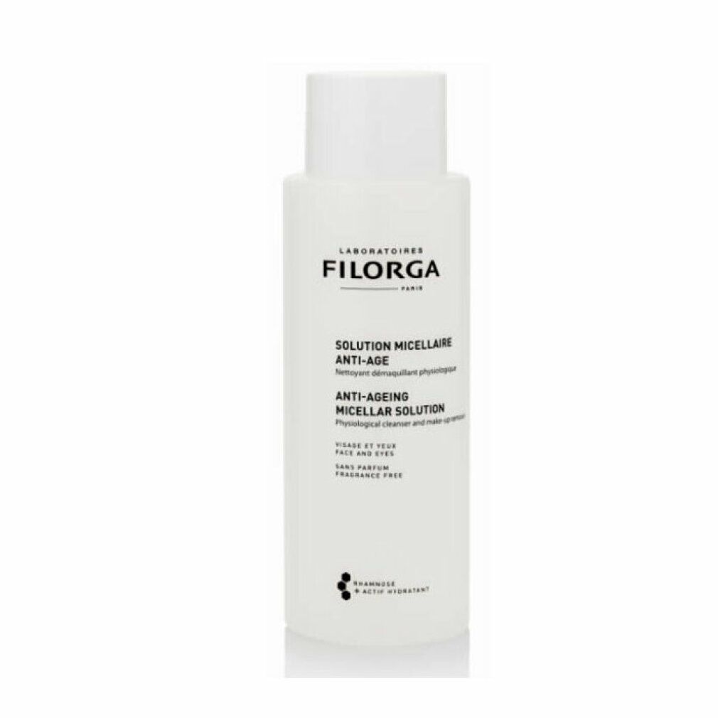 Weisse Flasche mit Filorga-Etikett. Text: Solution Micellaire Anti-Age, Anti-Ageing Micellar Solution. Für Gesicht und Augen, ohne Parfum.