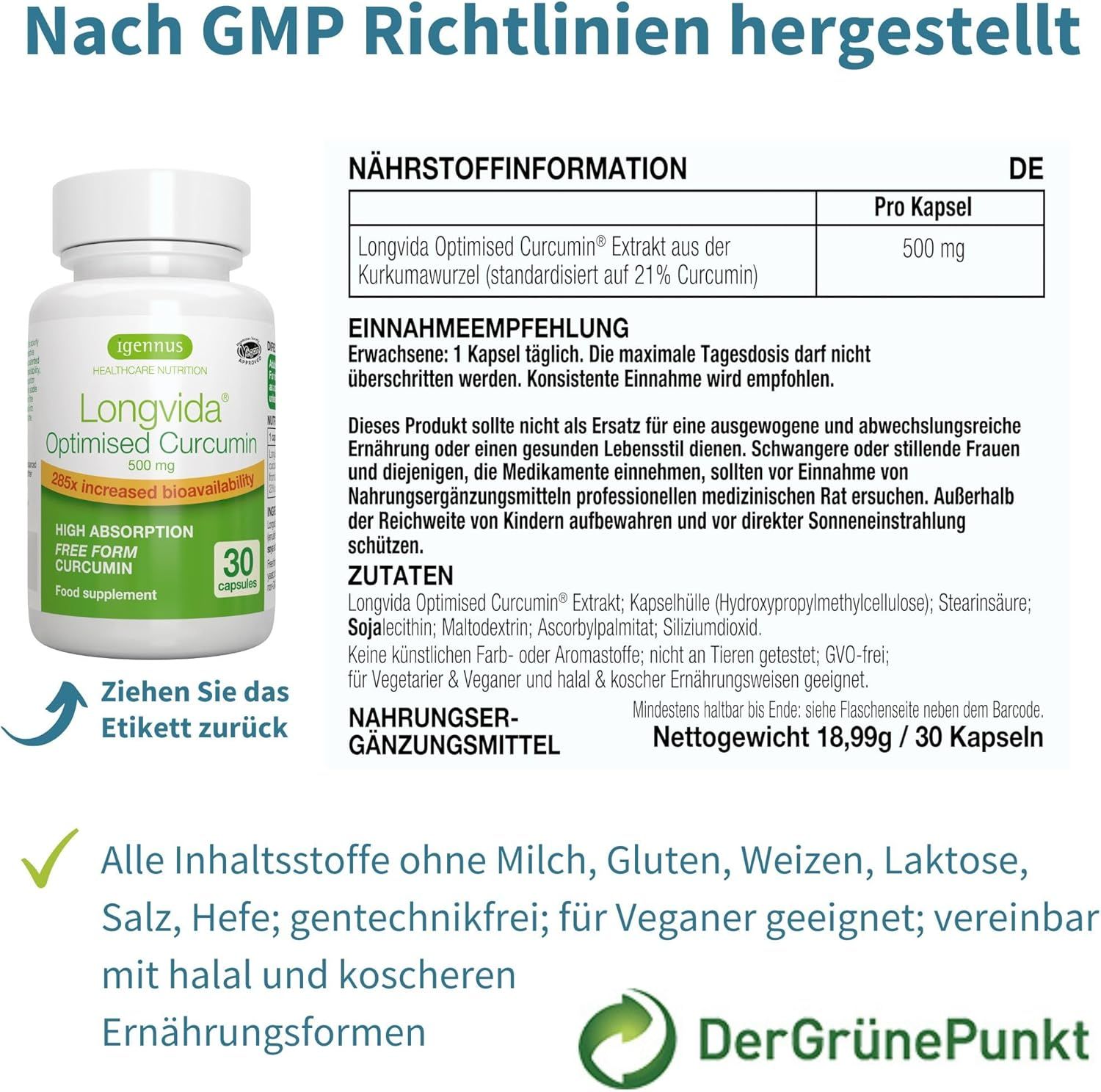 Flasche mit Kapseln, Etikett. Text: Nach GMP Richtlinien hergestellt. Nährwertinformationen. 30 Kapseln. Vegan.