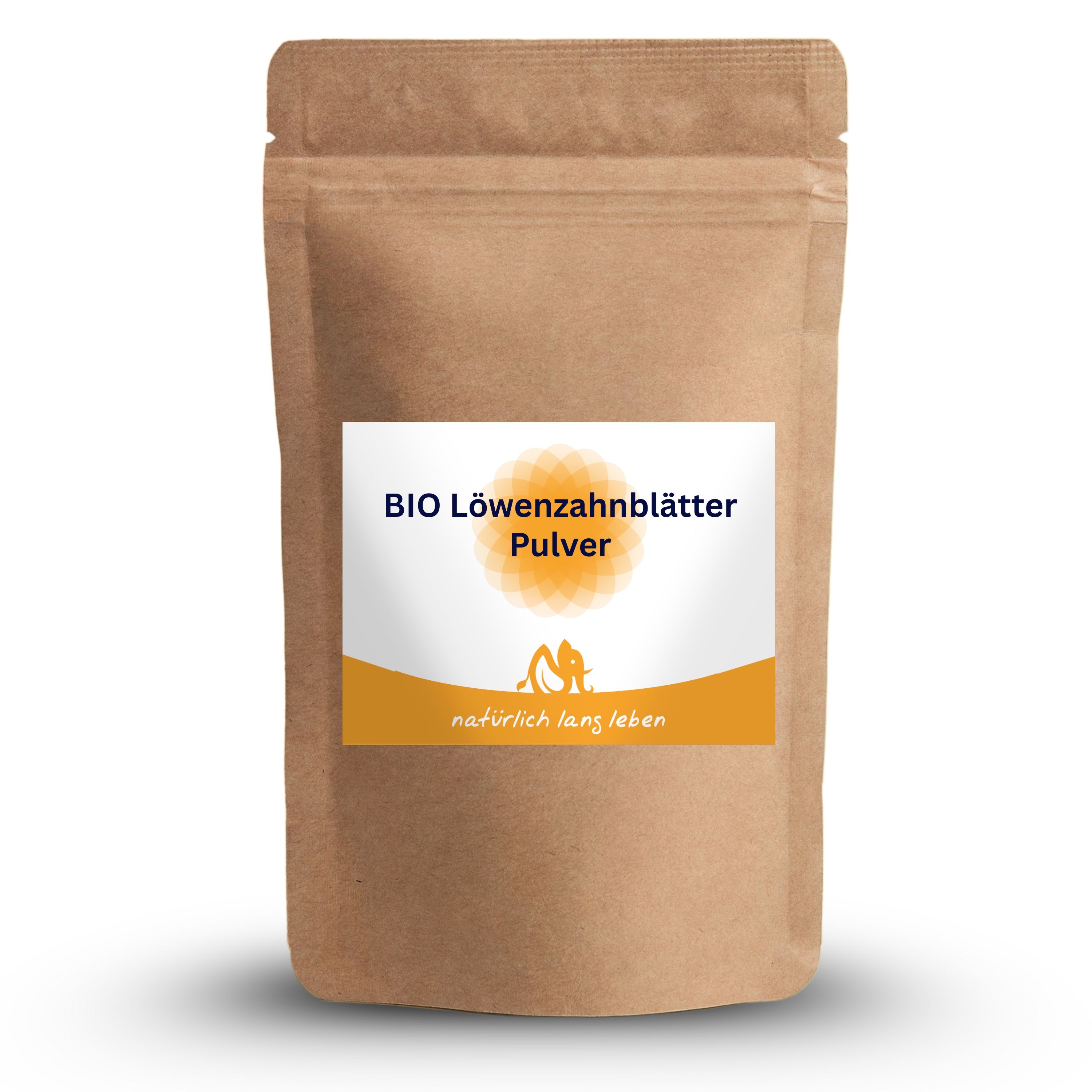 Braune Tüte mit Etikett. Aufschrift: BIO Löwenzahnblätter Pulver. Logo: natürlich lang leben.