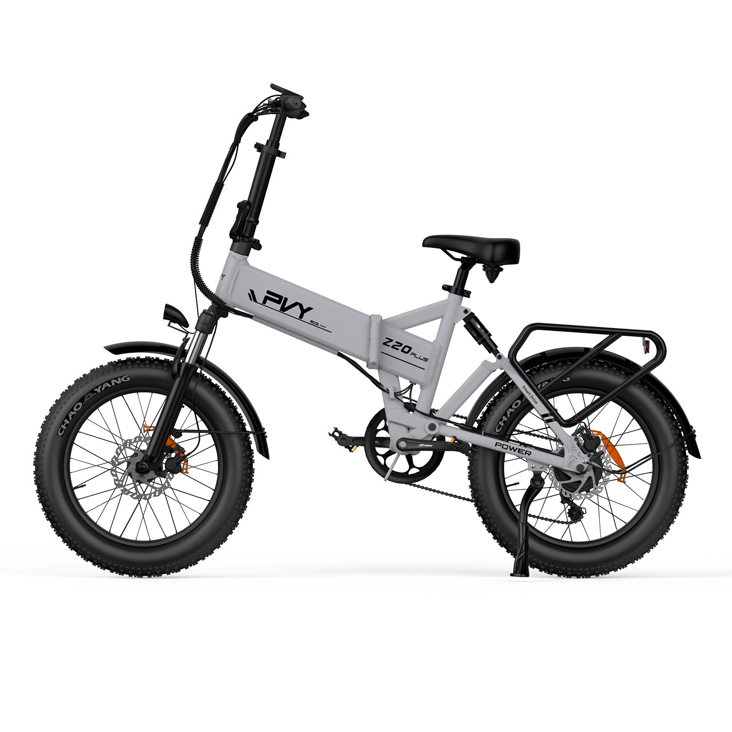 Graues E-Bike mit schwarzen Reifen und Gepäckträger. Aufschrift: PVY Z20 Plus.