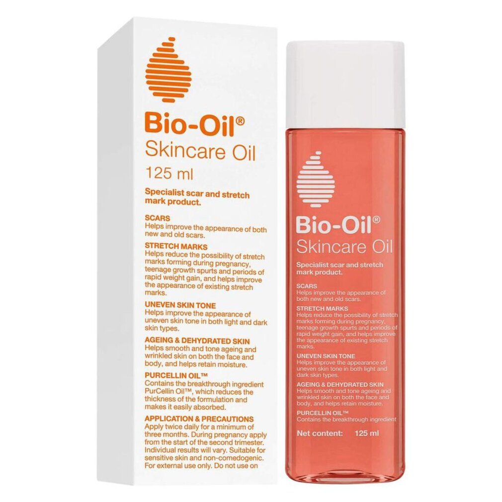Bio-Oil Skincare Oil. Flasche mit orangefarbener Flüssigkeit und weißem Deckel. Aufschrift: 125 ml. Produktinformationen auf der Verpackung.