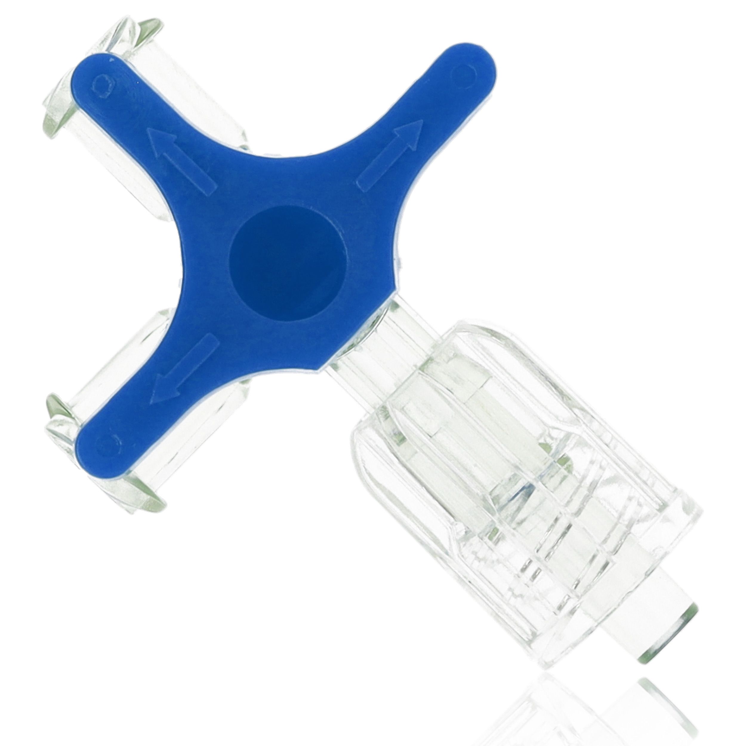 Dreiwegehahn, blau. Transparentes Gehäuse, blauer Drehgriff.