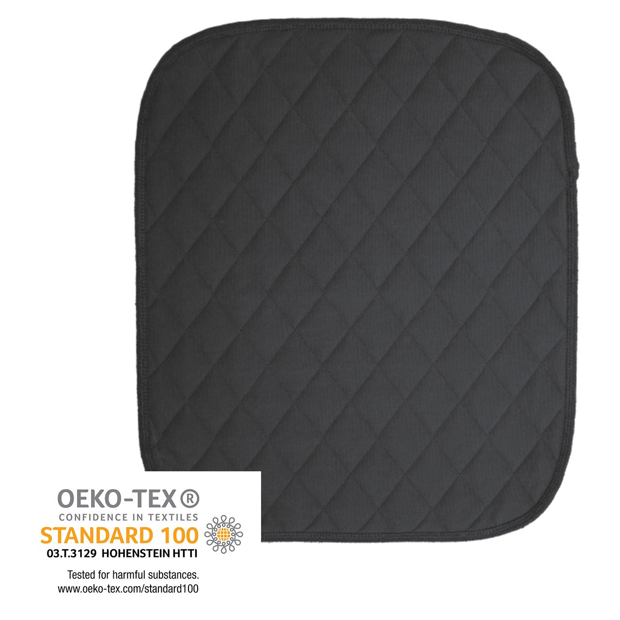 Schwarze Sitzauflage mit quadratischem Steppmuster. Oeko-Tex Standard 100 Zertifizierung.