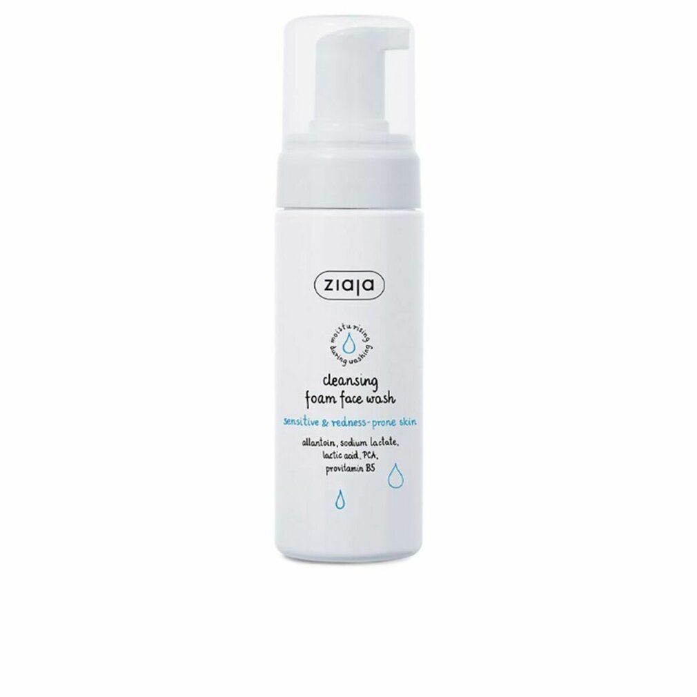 Weiße Flasche mit Pumpverschluss. Aufschrift: Ziaja, cleansing foam face wash. Für empfindliche Haut. Blaue Tropfen-Symbole.