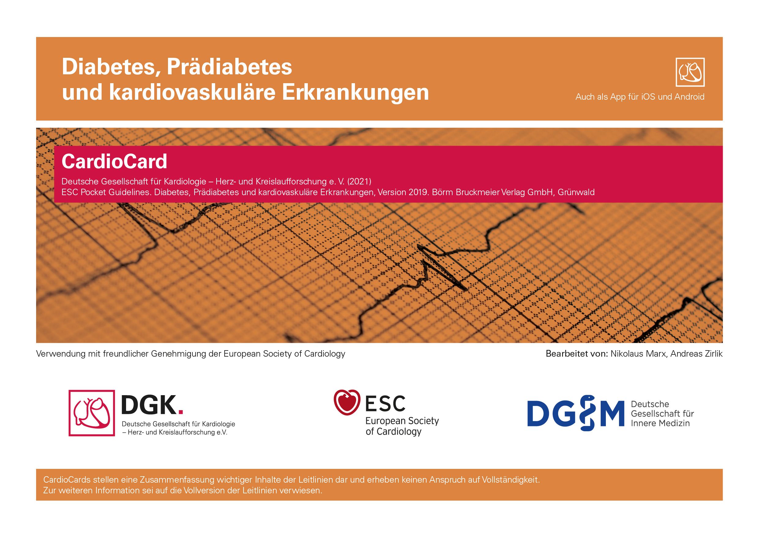Titel: Diabetes, Prädiabetes und kardiovaskuläre Erkrankungen. Logo: CardioCard. Logos von DGK, ESC und DG&M. Text in Deutsch.