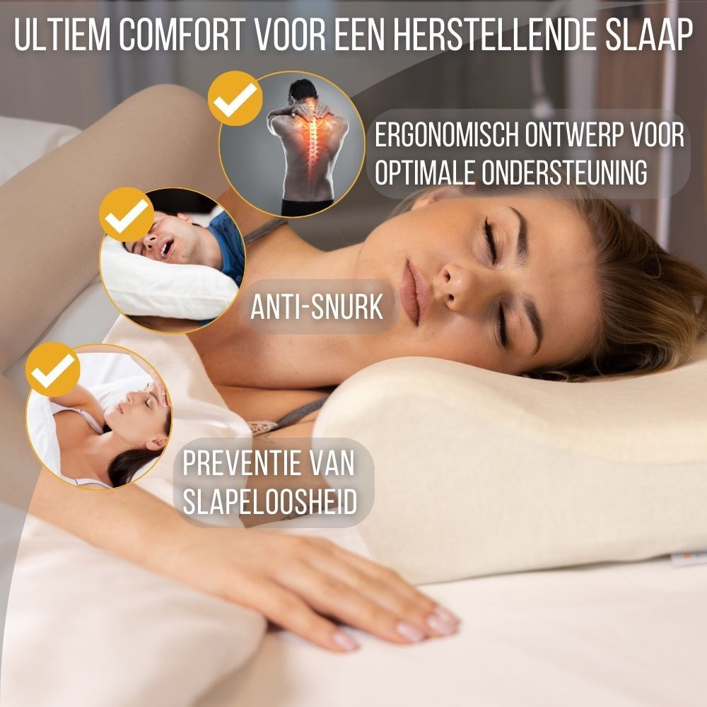 Vrouw slaapt op nekkussen. Tekst: Ultiem comfort voor een herstellende slaap. Ergonomische ondersteuning. Anti-snurken.