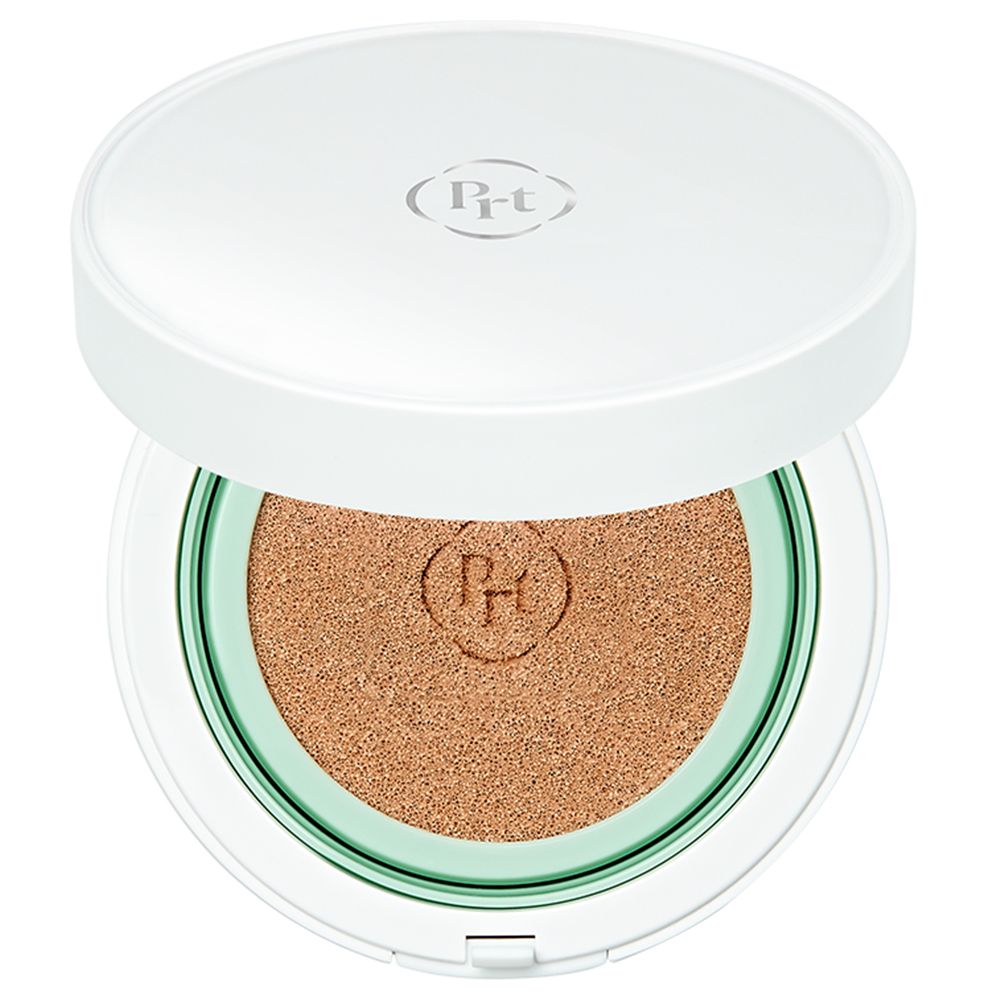 Offener weißer BB Cushion Behälter mit Spiegel und Schwämmchen.