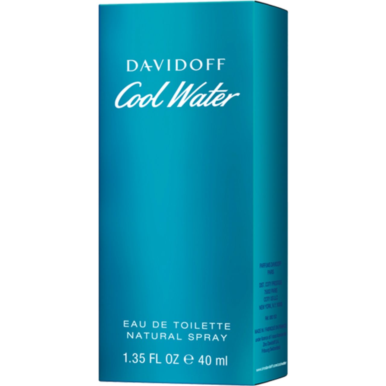 Davidoff Cool Water Verpackung. Blaue Schachtel mit Produktbezeichnung und Volumenangabe.