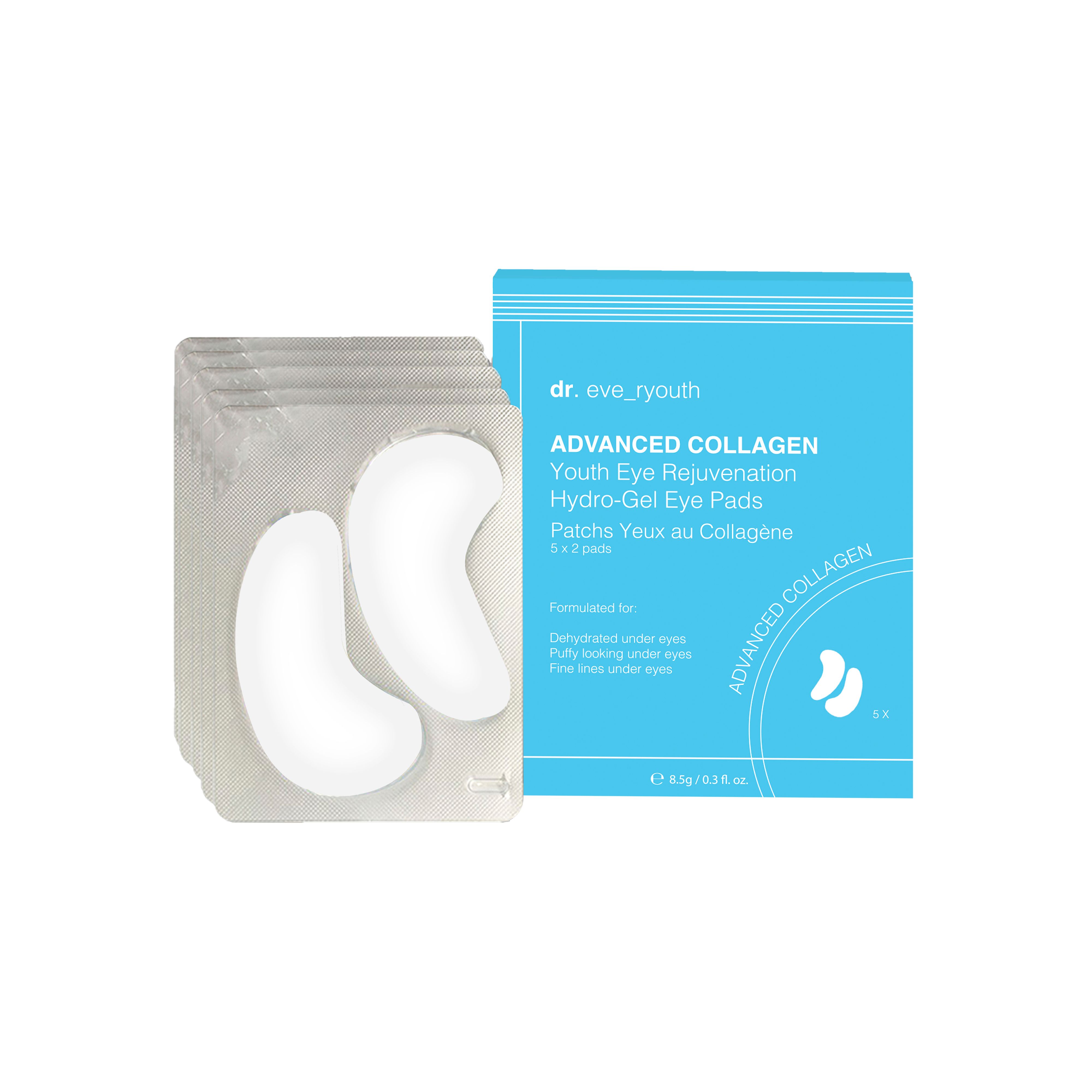 Dr. Eve_Ryouth Augenmaske: Einzelpackung mit zwei Hydro-Gel Augenpads und blauer Produktbox.