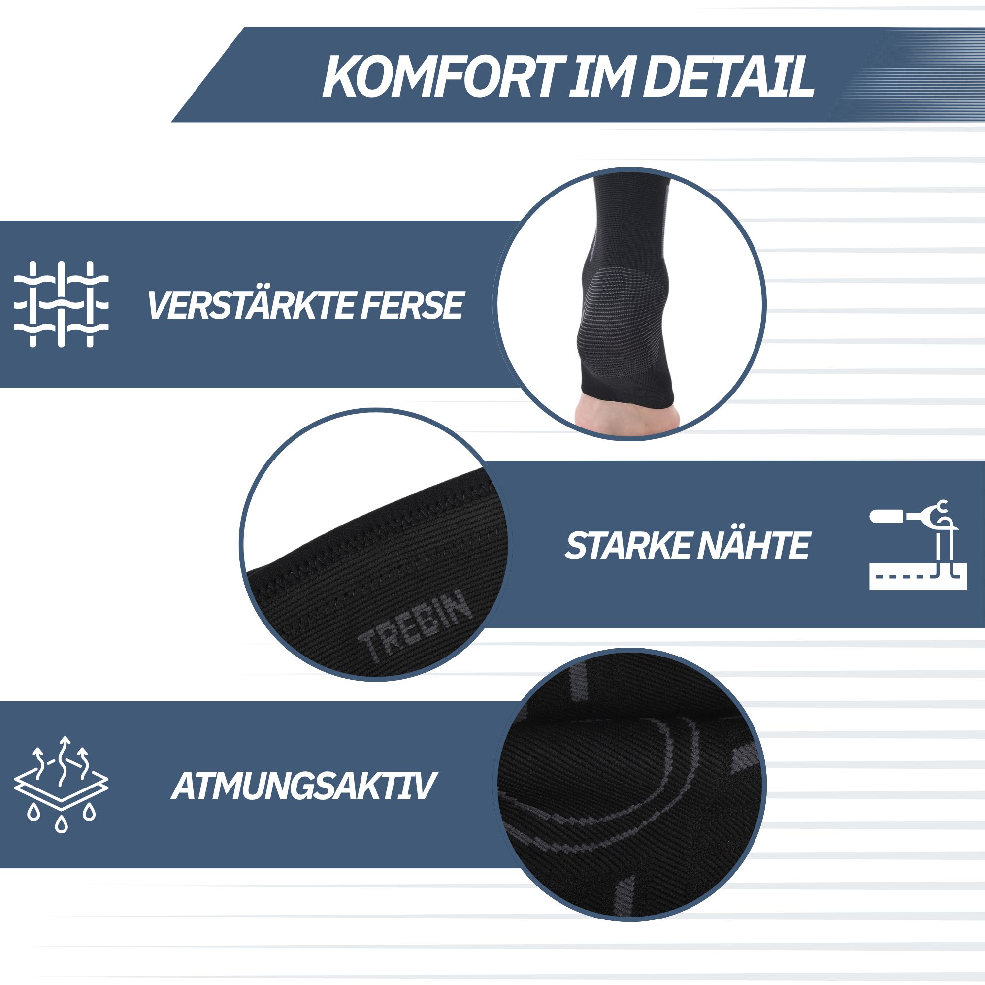 Schwarze Kniestütze mit verstärkter Ferse, starken Nähten und atmungsaktivem Material.