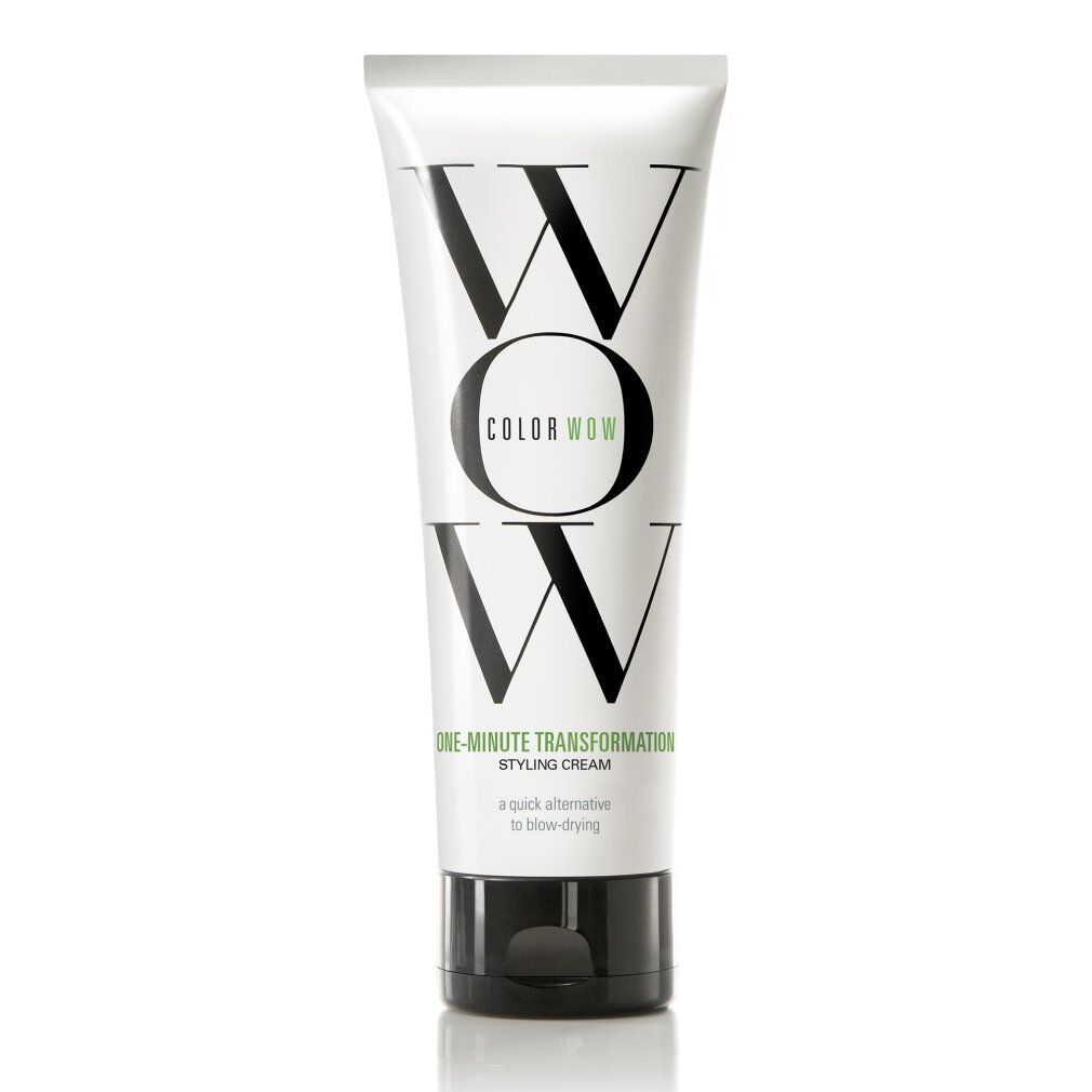 Weiße Tube mit schwarzem Deckel. Aufschrift: COLOR WOW, One-Minute Transformation Styling Cream. Aufschrift: Styling Cream.