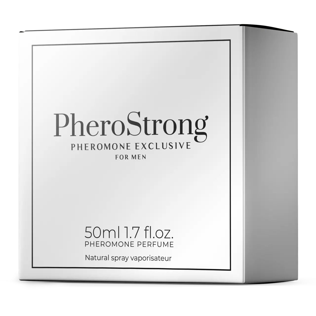 Weiße Verpackung mit Aufschrift PheroStrong, Pheromone Exclusive for Men. 50ml, Natural spray vaporisateur.