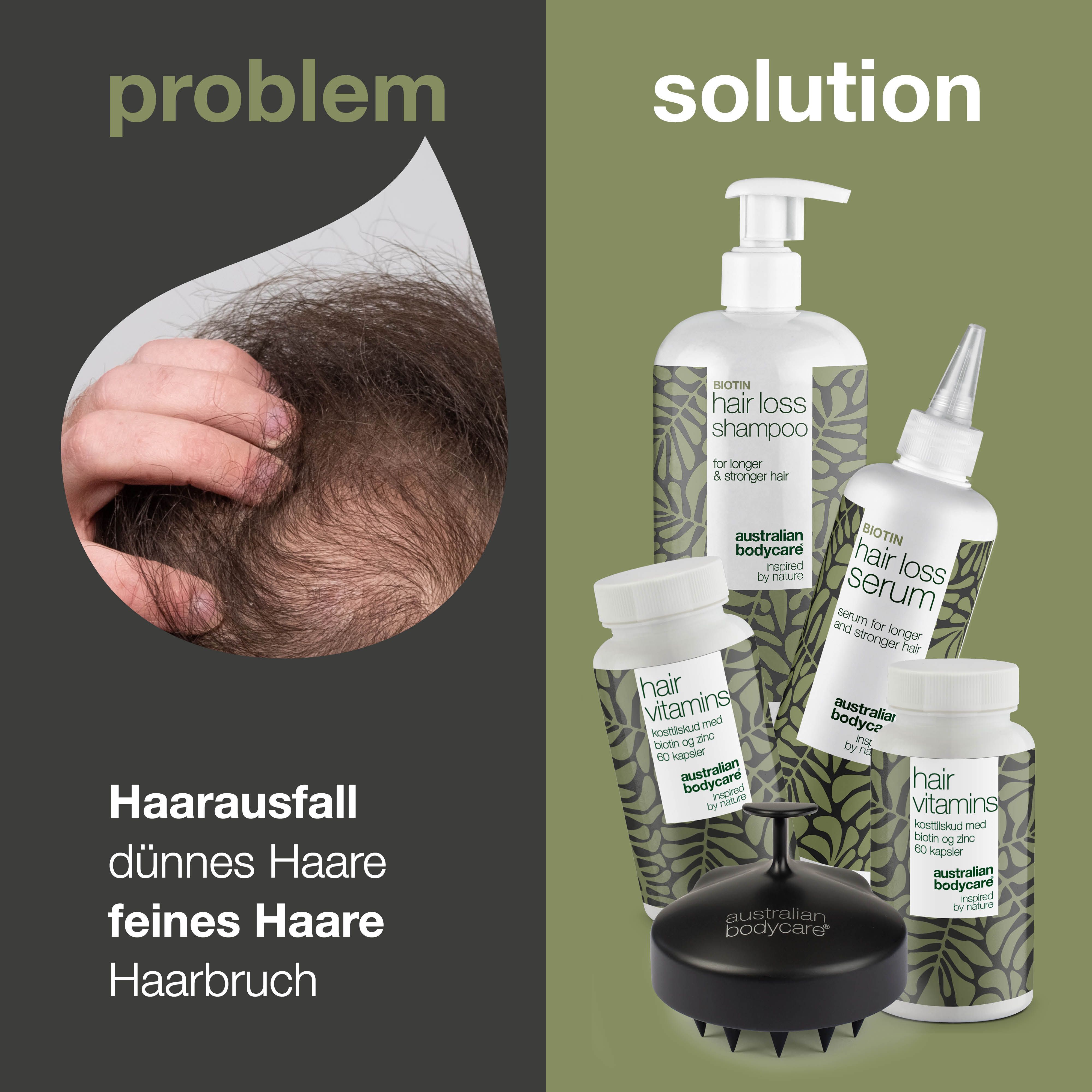 Problem und Lösung. Haarausfall, dünnes Haar, feines Haar, Haarbruch. Produkte: Shampoo, Serum, Kapseln, Bürste.