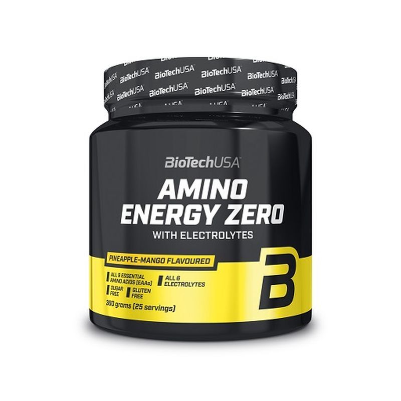 Schwarze Dose mit gelbem Etikett. Aufschrift: Amino Energy Zero, mit Elektrolyten. Geschmack: Ananas-Mango. Enthält Aminosäuren und Elektrolyte.