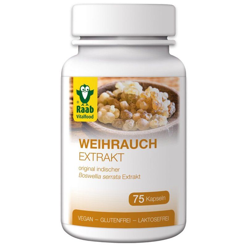Weiße Flasche mit Kapseln. Aufschrift: WEIHRAUCH EXTRAKT, 75 Kapseln, vegan, glutenfrei, laktosefrei. Logo: Raab Vitalfood.