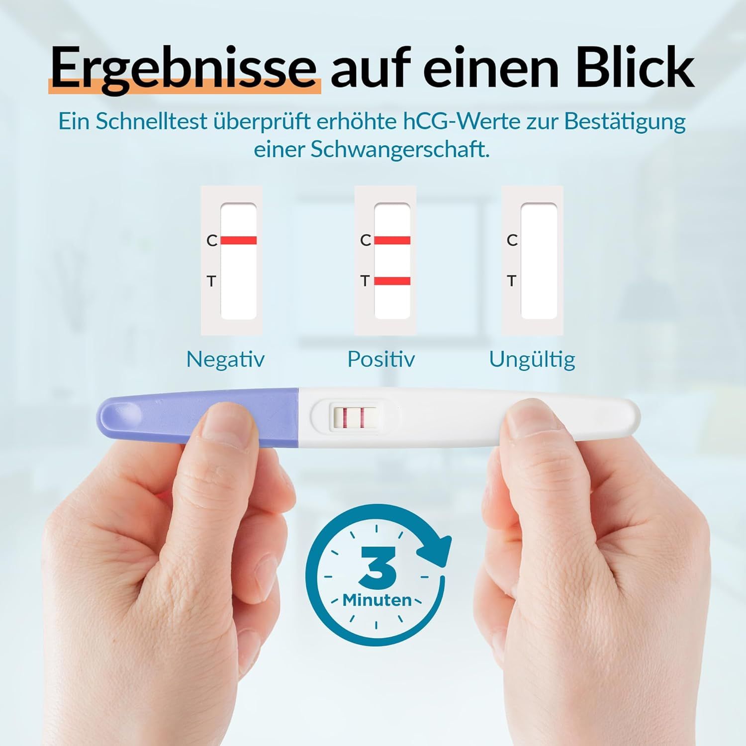 Hände halten einen Schwangerschaftstest. Ergebnisse: Negativ, Positiv, Ungültig. Text: Ergebnisse auf einen Blick.