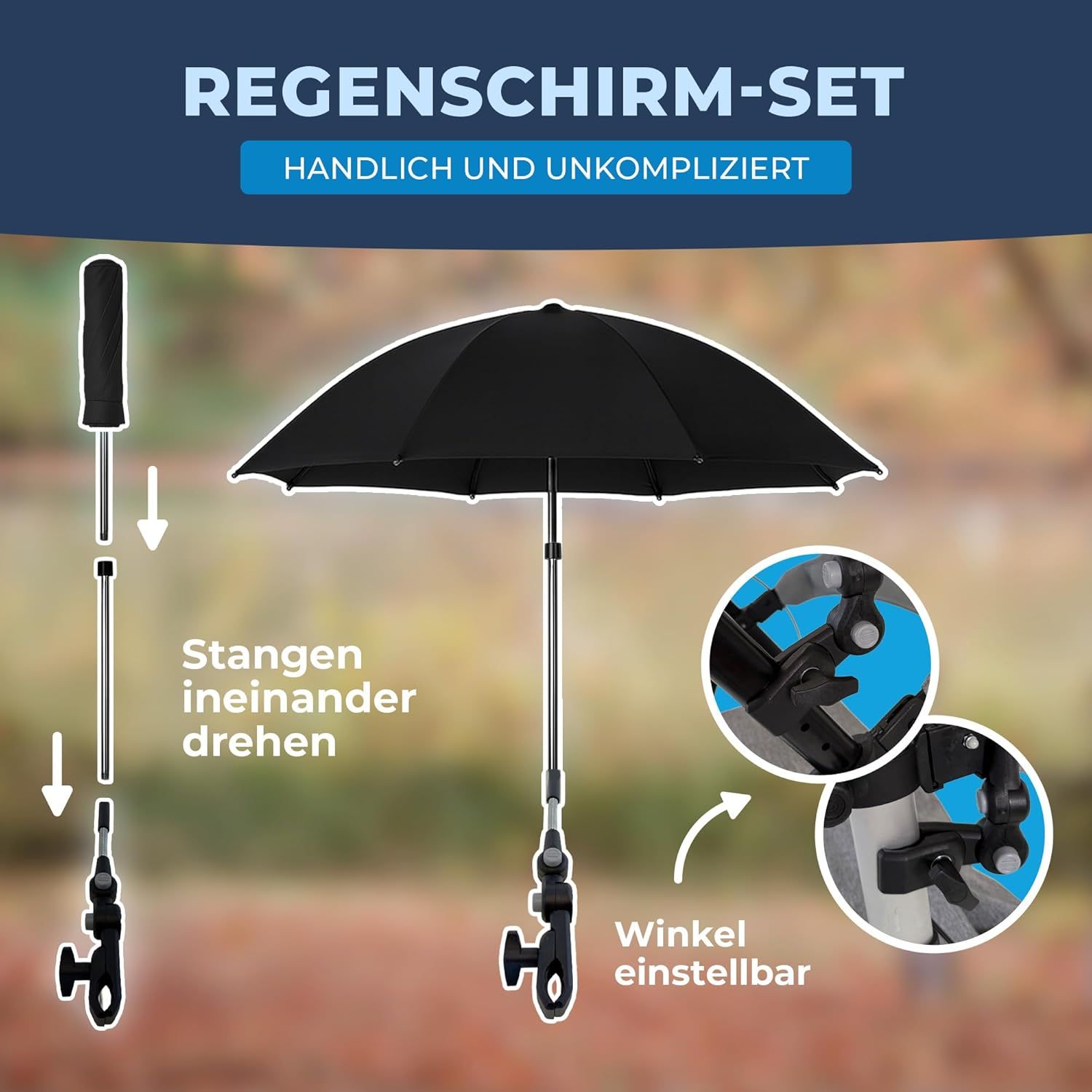 Zerlegte Teile: Griff, Stange, Halterung und Schirm. Winkel einstellbar. Text: Handlich und unkompliziert.