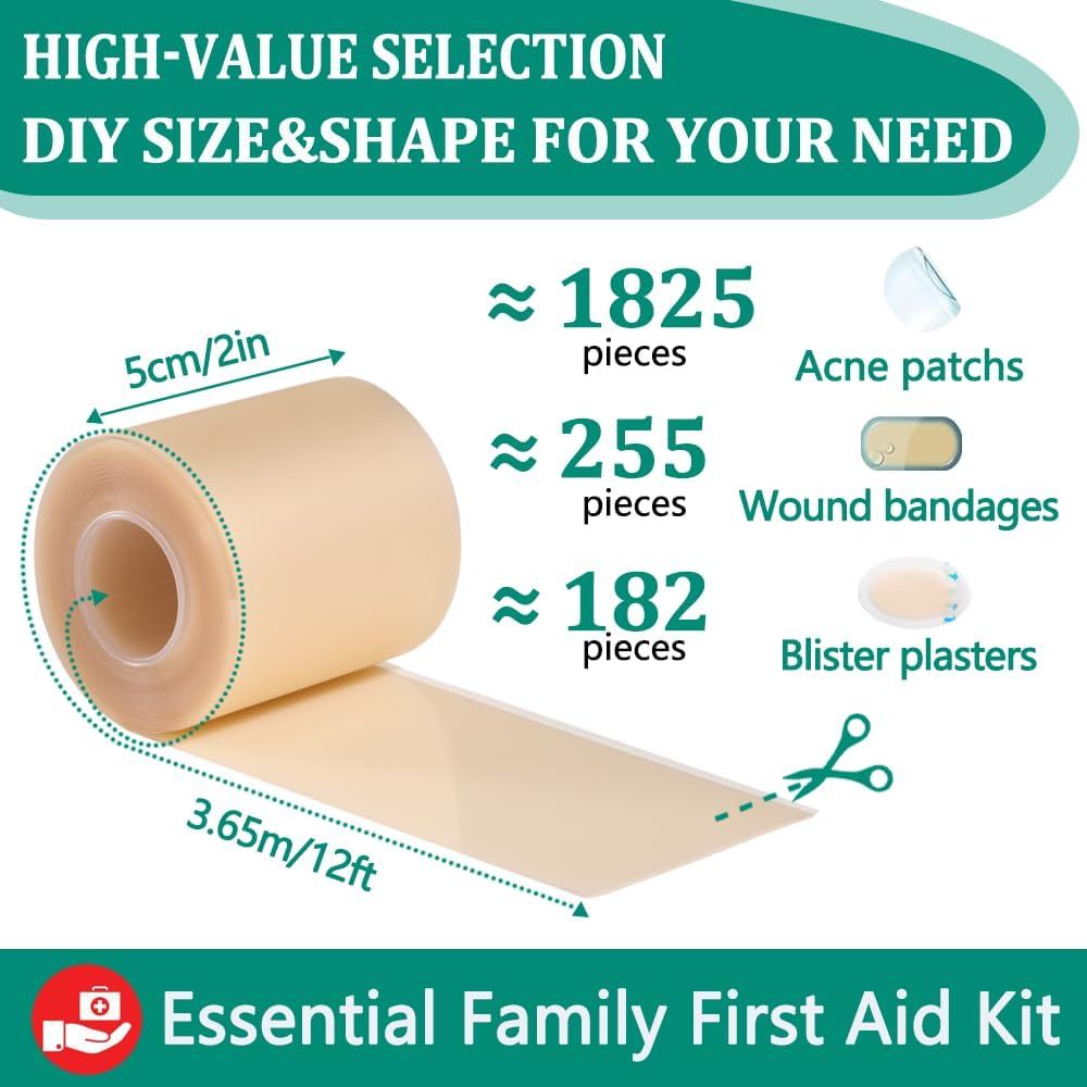 Hydrokolloid Rolle, 5 cm x 3.65 m. Enthält ca. 1825 Pflaster, 255 Wundpflaster und 182 Blasenpflaster. DIY-Zuschnitt. Teil eines Erste-Hilfe-Sets.