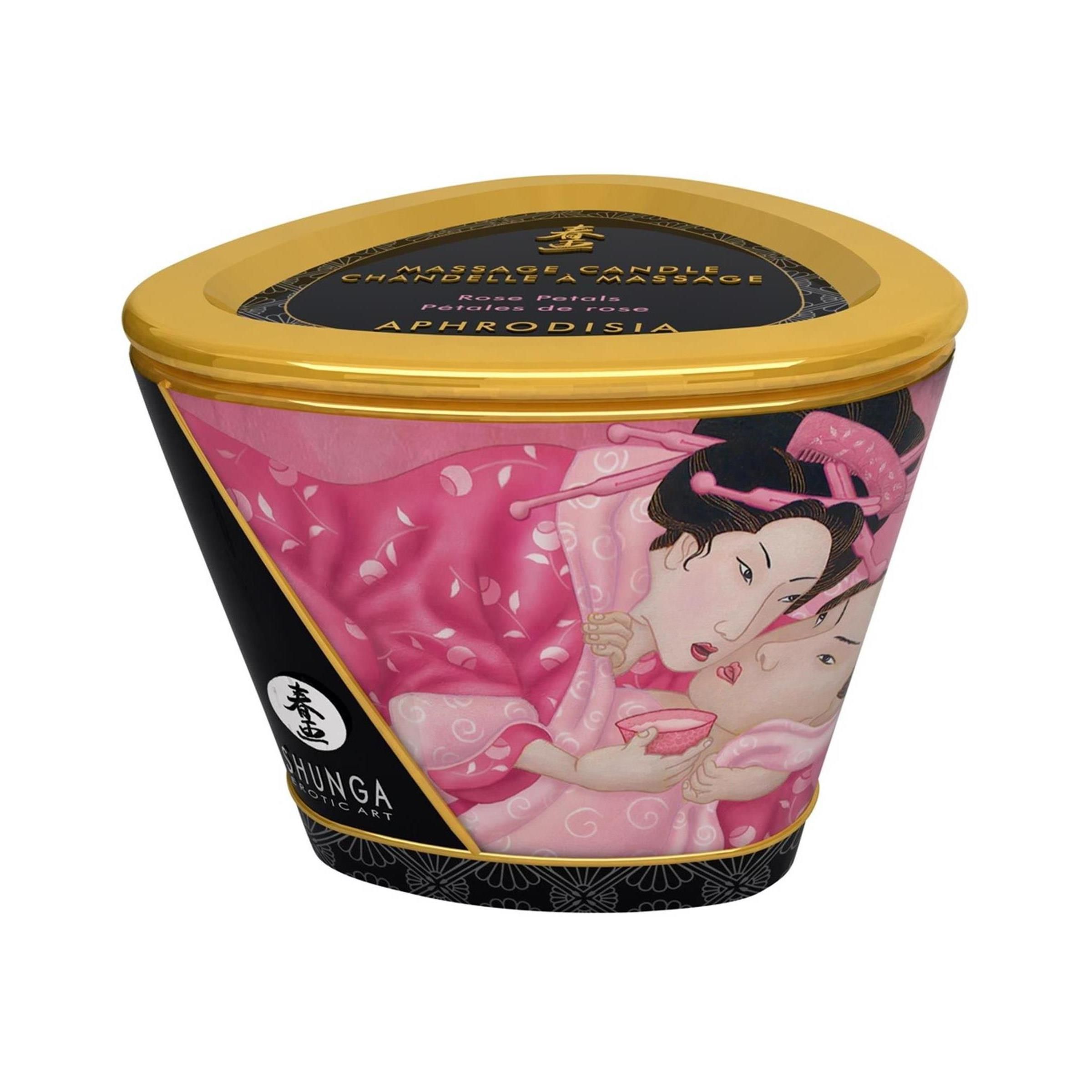 Behälter mit Deckel. Rosa und schwarze Illustration. Goldener Rand. Text: Massage Candle, Aphrodisia.
