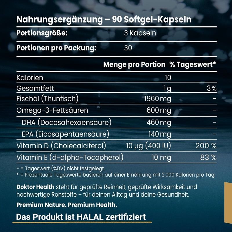 Nahrungsergänzungsmittel-Tabelle. 90 Softgel-Kapseln. Inhaltsstoffe: Fischöl, Omega-3-Fettsäuren, DHA, EPA, Vitamin D, Vitamin E. Halal-Zertifizierung.
