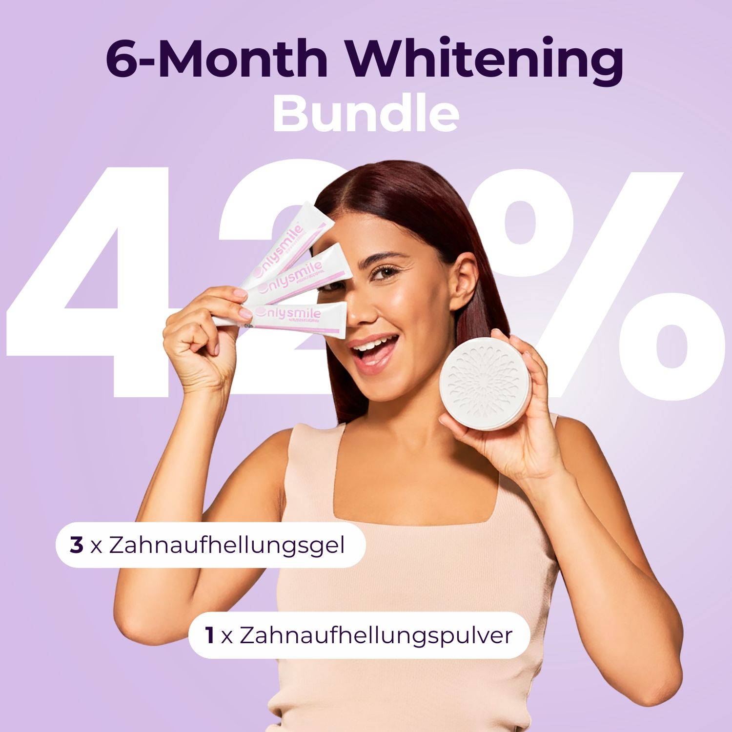 Frau hält 3 Gel-Sticks und eine Dose Pulver. Text: 6-Monats-Whitening-Bundle, 42% Rabatt, 3 Gel, 1 Pulver.