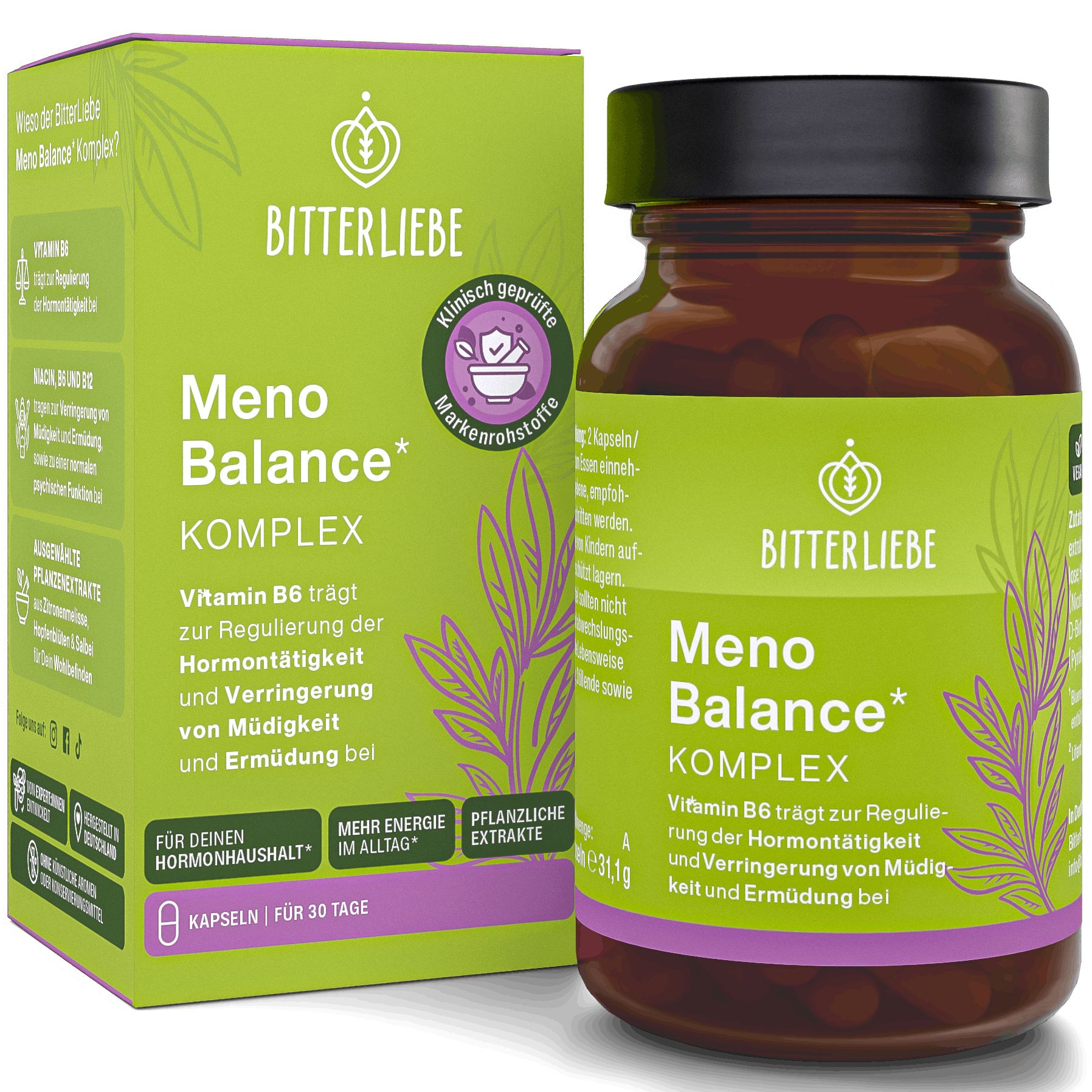 Verpackung und Flasche Meno Balance Komplex mit grünen Akzenten und Pflanzenmotiven.