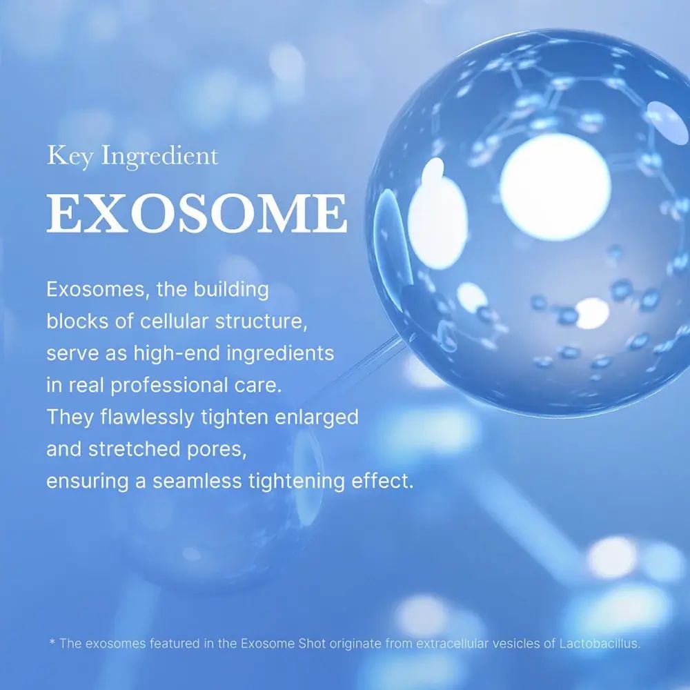 Grafik mit dem Wort EXOSOME. Blaue Kugeln mit Verbindungen. Text beschreibt Exosomen als Inhaltsstoff.