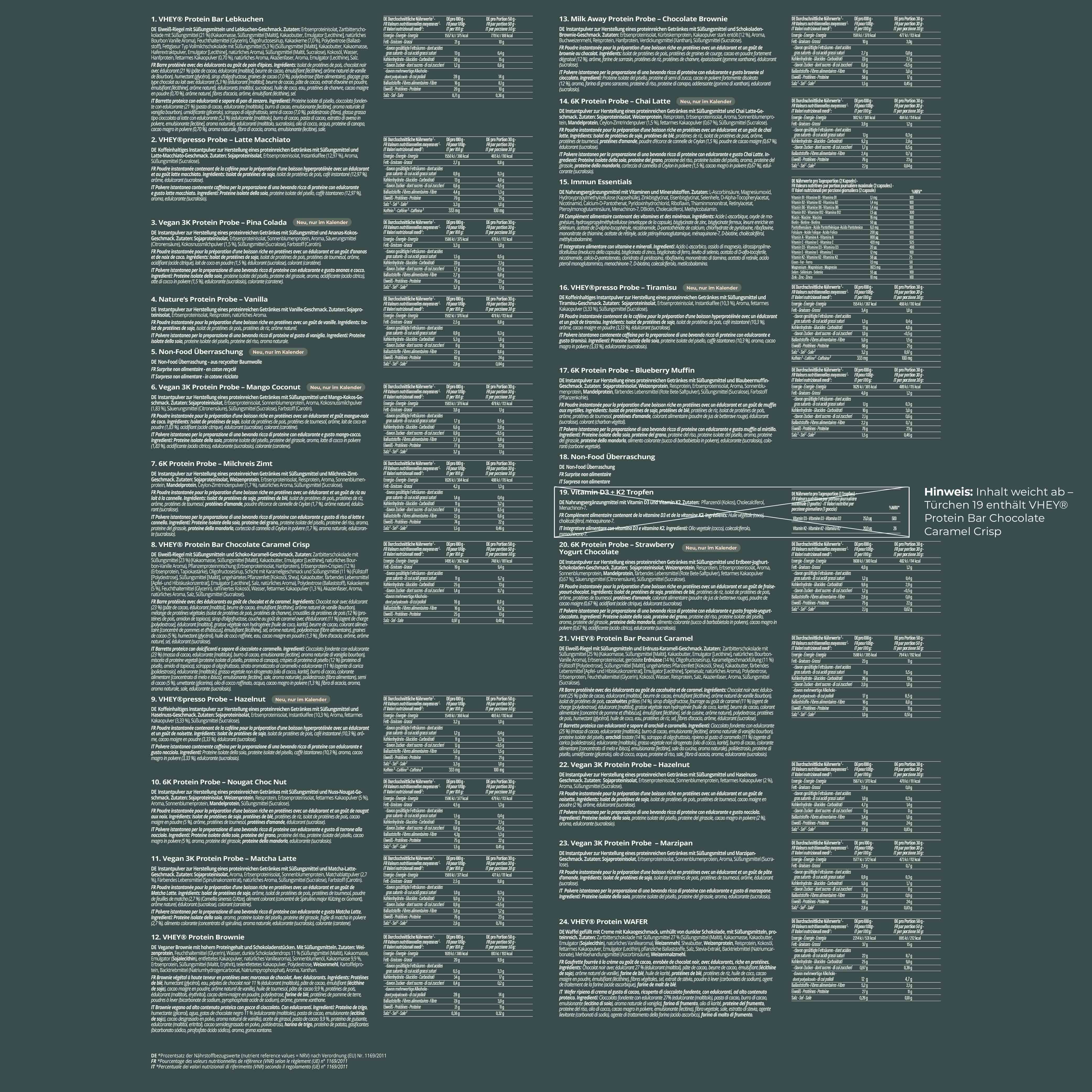 Übersichtsliste mit 26 Einträgen, wahrscheinlich Inhaltsstoffe oder Produktinformationen, auf dunklem Hintergrund.