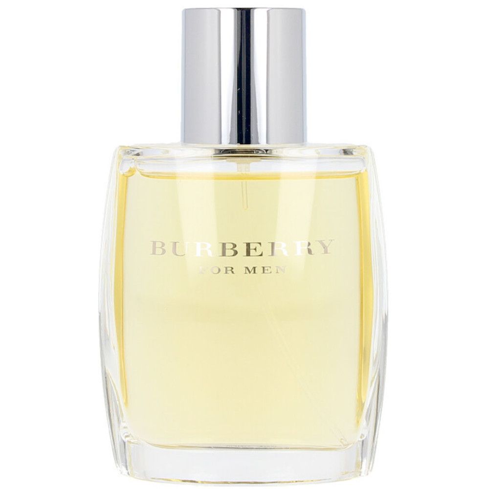 Burberry for Men Eau de Toilette Flakon. Rechteckiger Flakon mit silbernem Deckel. Aufschrift: Burberry for Men.