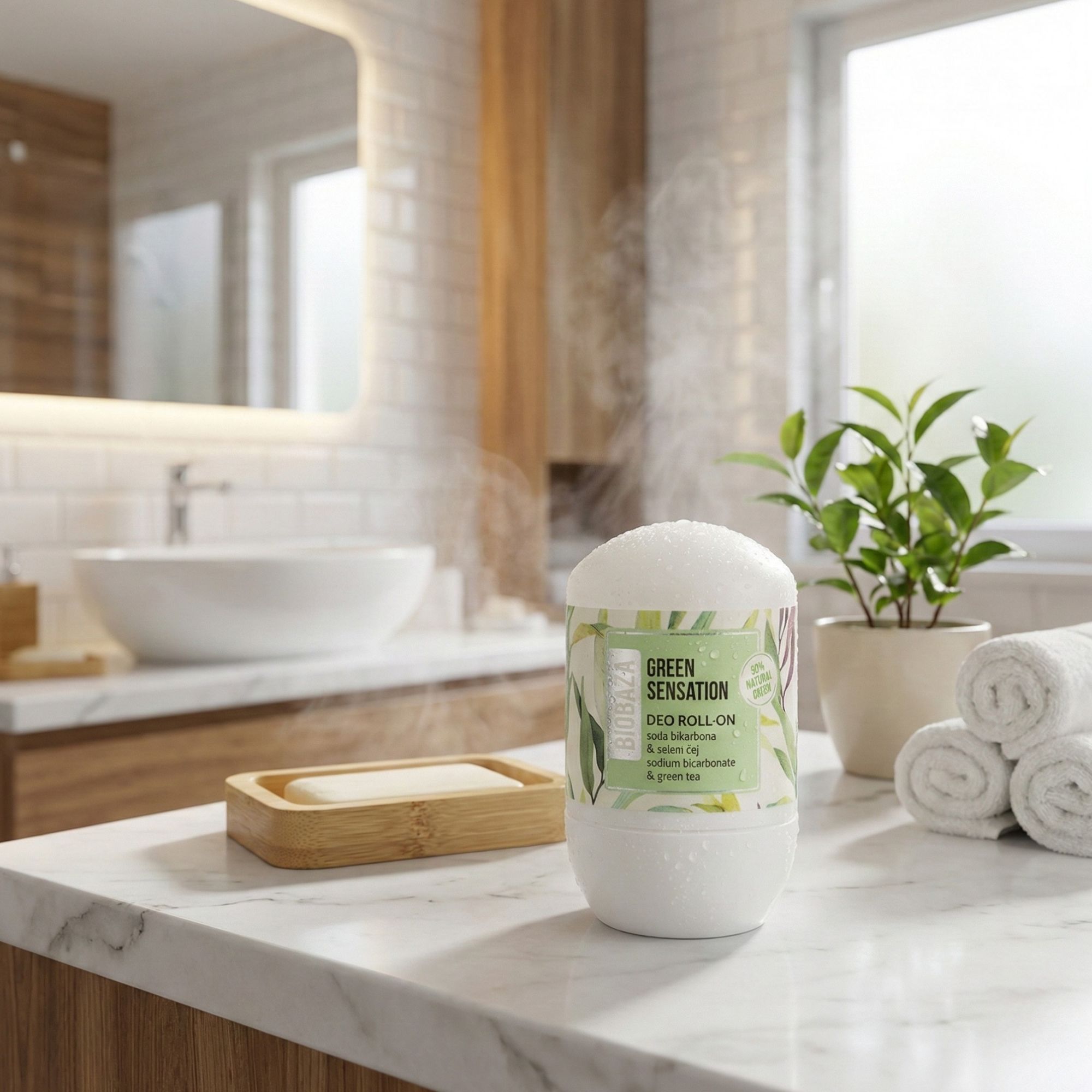 Roll-On-Deo auf Marmoroberfläche. Aufschrift: Green Sensation, Soda Bikarbona & zeleni čaj, Sodium bicarbonate & green tea. Badezimmerhintergrund mit Pflanzen.