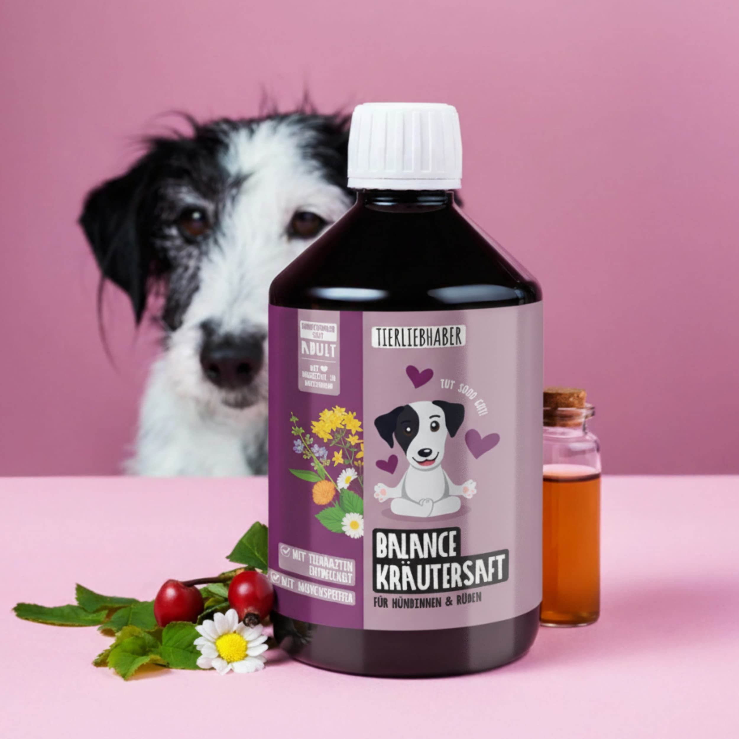 Flasche Tierliebhaber Balance Kräutersaft mit Hundemotiv und Kräutern.
