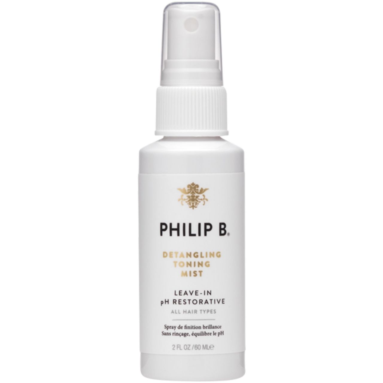 Weiße Flasche mit Sprühkopf. Aufschrift: Philip B. Detangling Toning Mist. Leave-in pH Restorative. 2 fl oz/60 ml.
