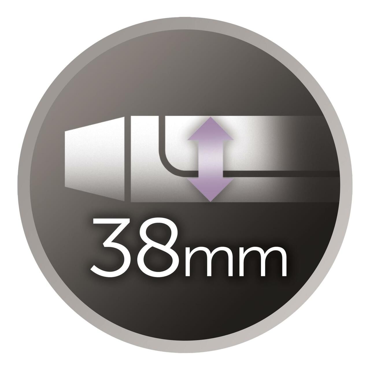 Kreisrundes Symbol mit Pfeil und Maßangabe. 38mm Durchmesser.
