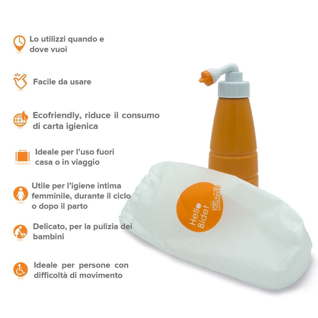 Flacone bidet con custodia. Testo: Per l'uso in viaggio, facile da usare, ecologico, per l'igiene intima, per bambini, per disabili.