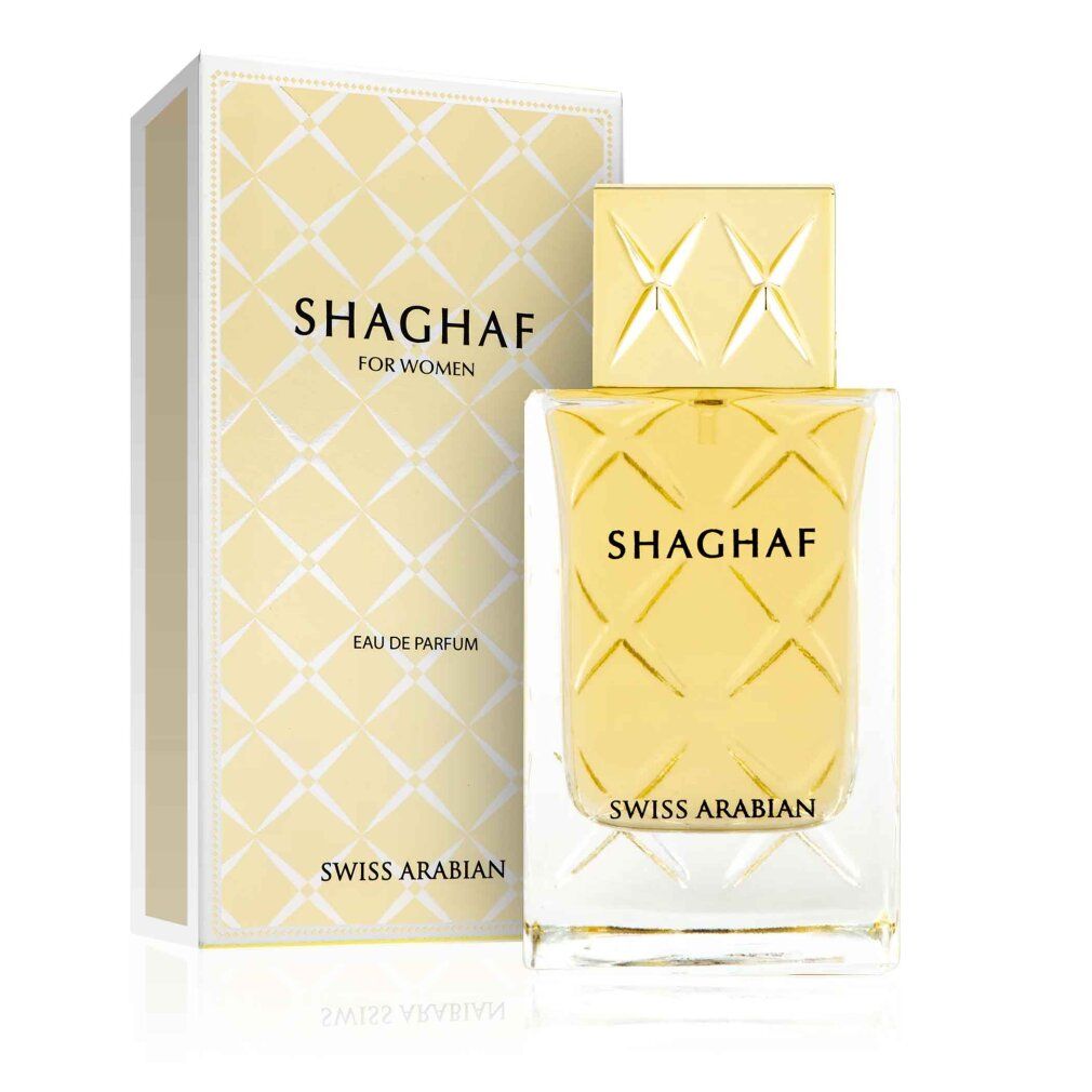 Parfümflasche und Verpackung. Goldfarbene Schrift und Muster. "Shaghaf" und "Swiss Arabian" sichtbar.