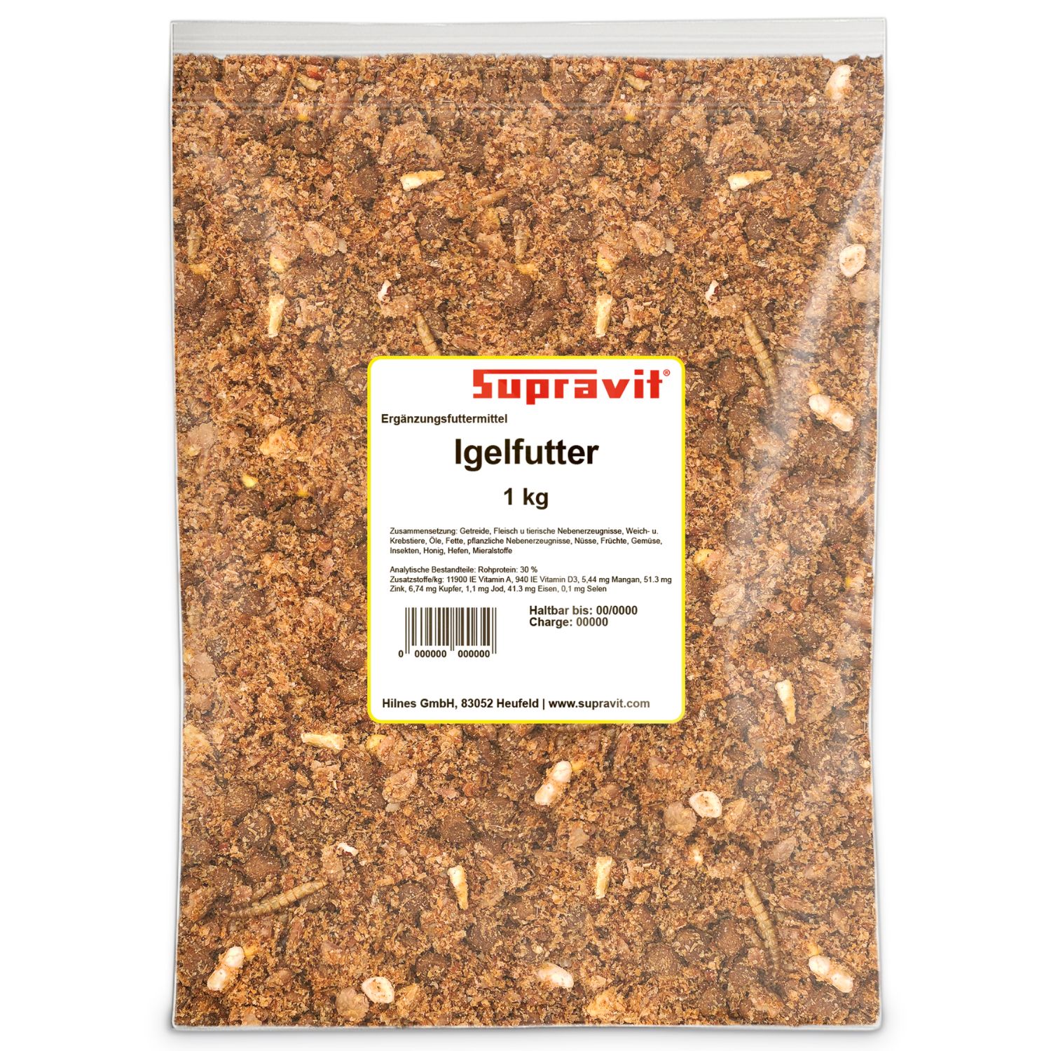 Supravit Igelfutter Ergänzungsfuttermittel 1 kg Beutel mit Insekten und Getreide.