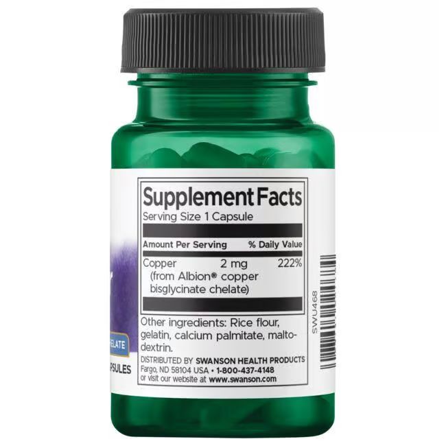 Rückseite der grünen Flasche. Etikett mit Nährwertangaben: Kupfer 2 mg. Weitere Inhaltsstoffe: Reismehl, Gelatine, Maltodextrin.