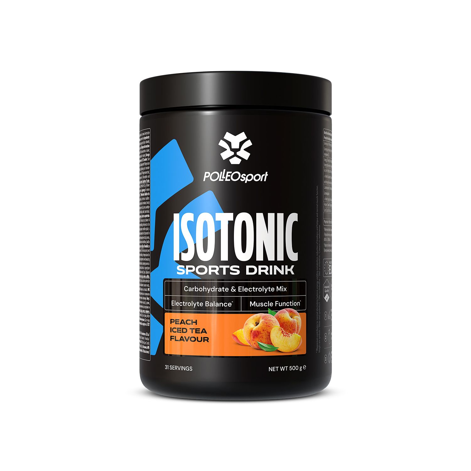 Schwarze Dose mit blauem Akzent. Aufschrift: ISOTONIC SPORTS DRINK. Enthält Kohlenhydrate & Elektrolyte. Pfirsich-Eistee-Geschmack. PolleoSport Logo.