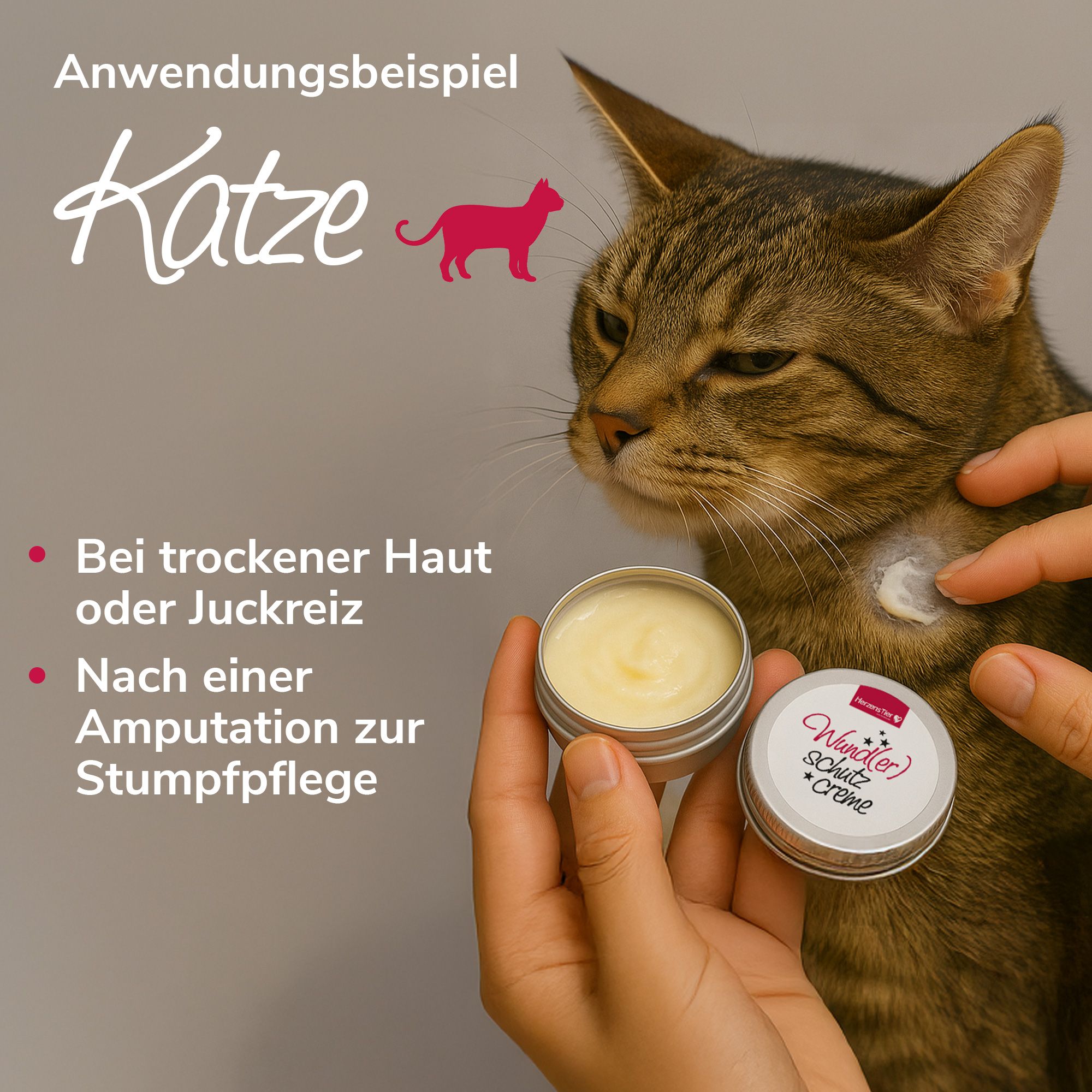 Katze mit Creme-Dose. Anwendung: Creme auf Haut aufgetragen. Text: 'Katze'.