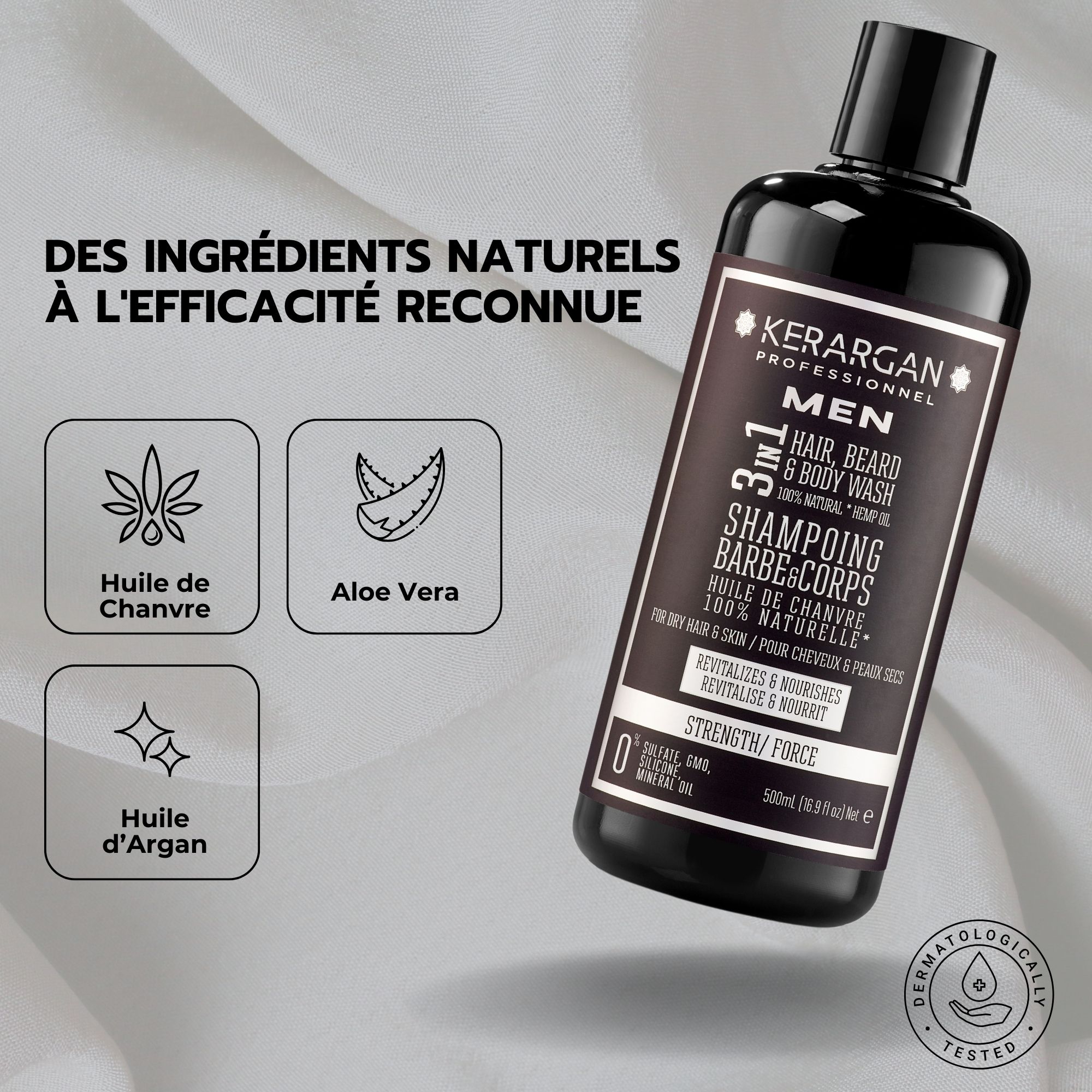 Texte : Huile de chanvre, Aloe Vera, Huile d'Argan. Flacon de shampooing noir. Texte : Kerargan, Men, 3en1 Hair, Beard & Body Wash.