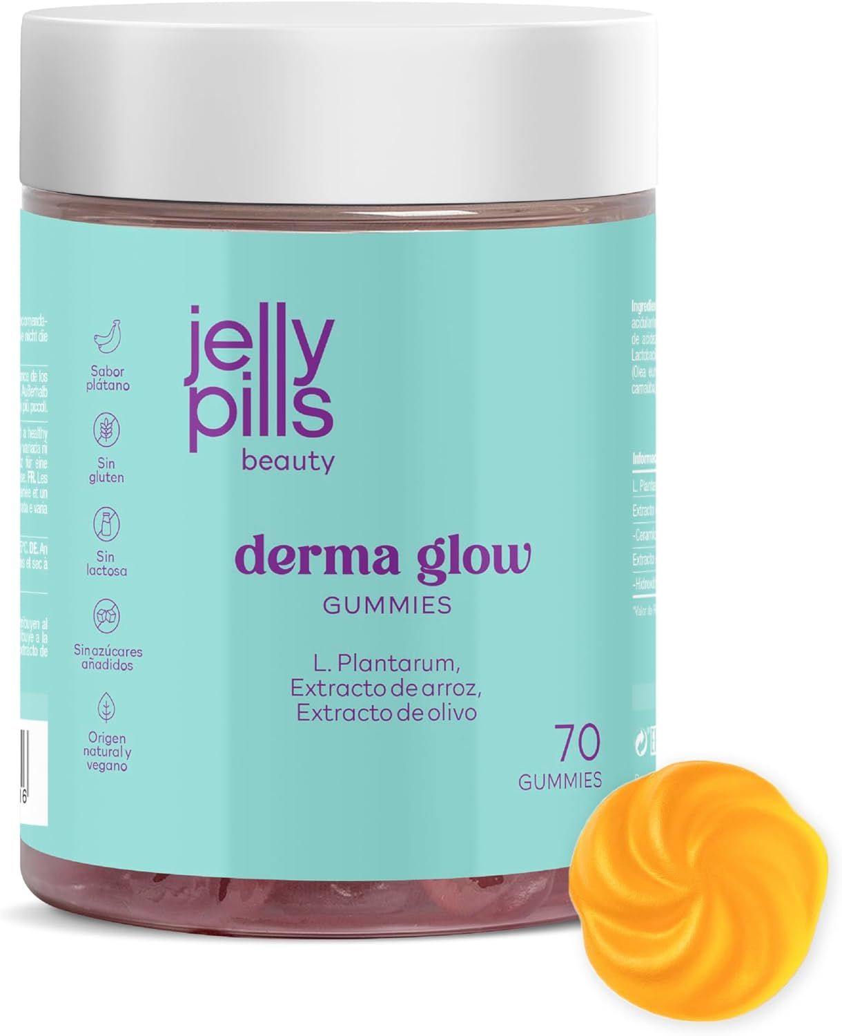 Dose Jelly Pills Derma Glow Gummies. 70 Gummies. Gelbe Gummibärchen daneben. Aufschrift: L. Plantarum, Extrakt von Reis, Olivenextrakt.