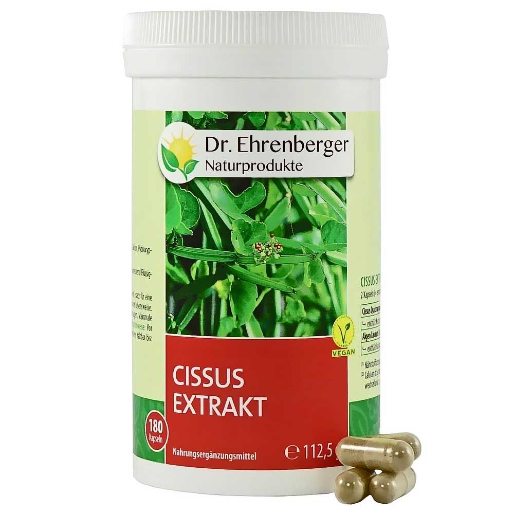 Weißes Behältnis mit grünem Etikett. Aufschrift: Dr. Ehrenberger Naturprodukte, Cissus Extrakt, 180 Kapseln. Daneben Kapseln.